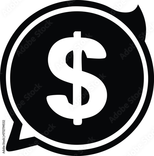 Bold black and white dollar sign icon symbol inside a circular speech bubble for finance and payment concepts