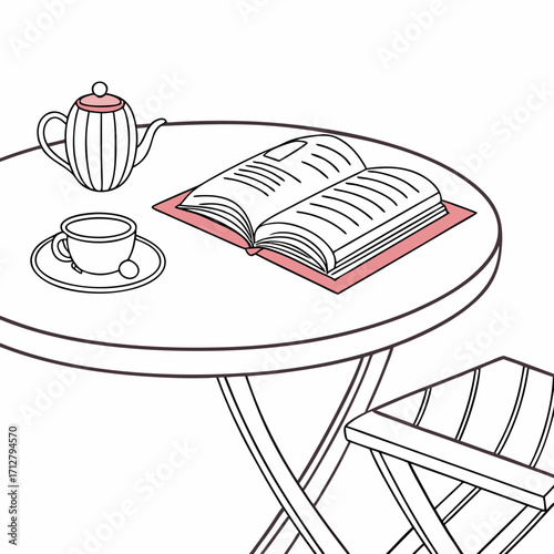 Cozy outdoor cafe scene with an open book teacup and teapot on a round table and chair