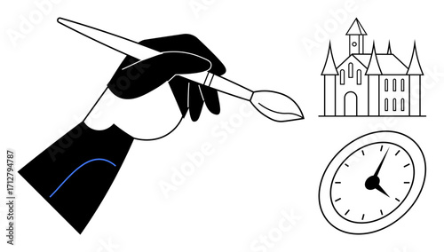 Minimalist hand with a paintbrush creating a castle, next to a clock symbolizing time. Ideal for creativity, imagination, design, time management, productivity, storytelling art process. A simple