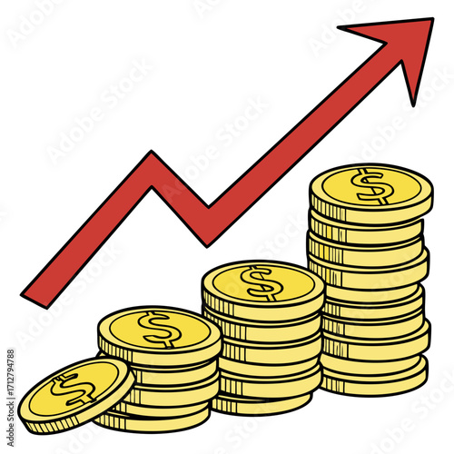 Illustration of rising stacks of gold coins with a red upward trending arrow symbolizing financial growth