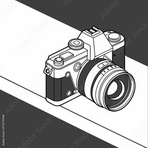 Stylized isometric line art illustration of a vintage film camera with a prominent lens on a minimalist background