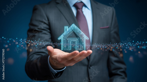 Businessman holding a glowing digital house symbol representing real estate technology