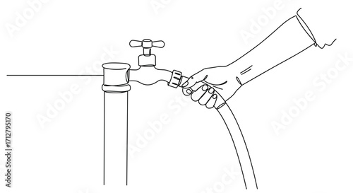 Hand turning on outdoor faucet with garden hose attached  