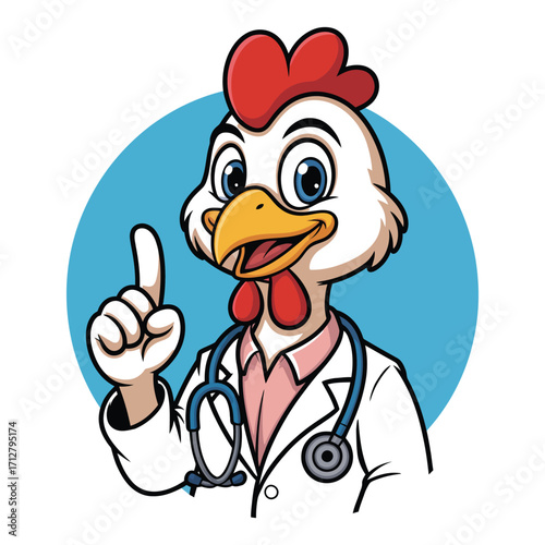 Cartoon chicken doctor illustration wearing lab coat and stethoscope pointing confidently isolated vector