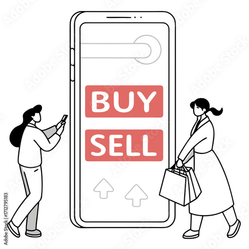 Two people interacting with a smartphone displaying buy and sell buttons for online shopping or trading