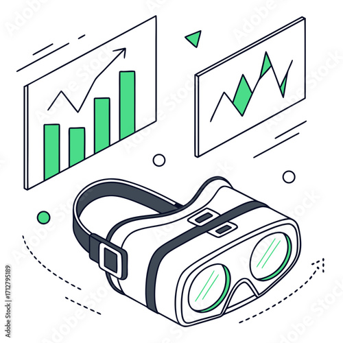 Virtual reality headset and isometric charts showing financial growth and data analysis in a modern digital concept