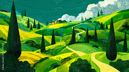 Victor cartoon Green landscape featuring rolling grassy hills and a winding path