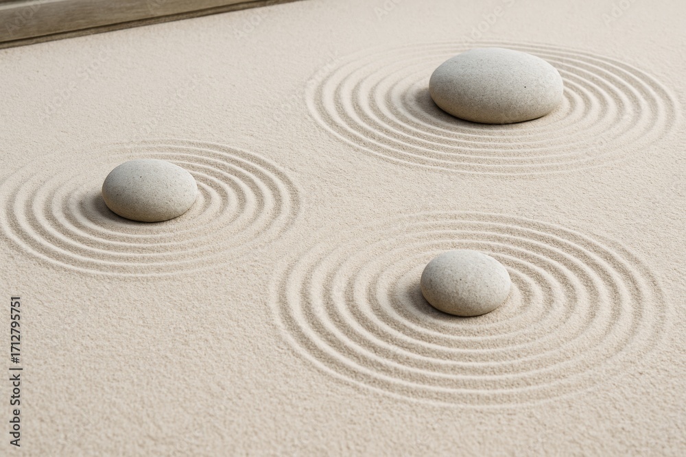 Obraz premium Three smooth stones placed in fine sand with concentric raked patterns, minimalistic style, on a neutral background. Concept of peace