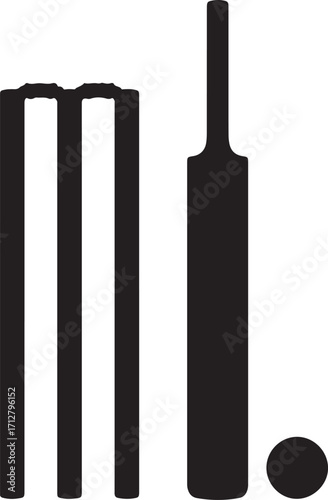 Black Silhouette of Cricket Wickets, Ball, and Bat on a White Background sport