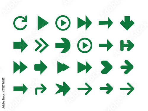 Green arrow vector illustration in flat style, simple direction symbol pointing forward, perfect for navigation, eco design, business infographics, and user interface elements.