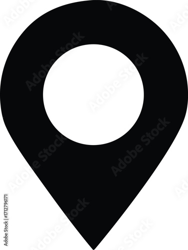Classic black map pin icon with white circle center symbolizing location finding navigation destination pointer