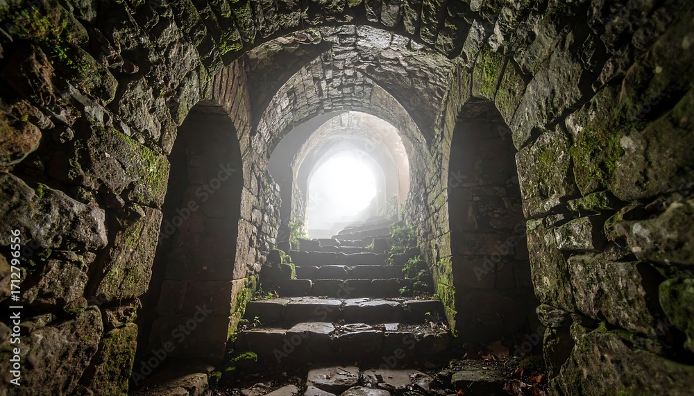 Obraz premium Stone Tunnel with Archways Leading to Bright Light on Stairs