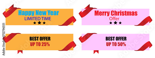 Merry Christmas Promotion banner with red ribbon. Christmas themed new year promotional sale banner vector illustration.