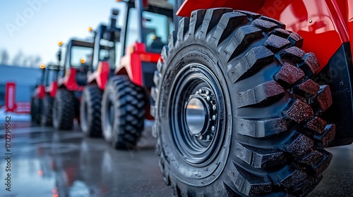 Modern Red Forklifts Lined Up Ready to Work on a Construction Site.
