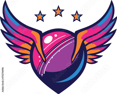 Colorful cricket ball with wings and stars emblem on white background Keywords: cricket, ball, sport, wings, stars, emblem, logo, symbol, game, competition, victory, achievement, success, speed