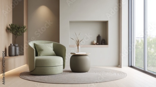minimalist living room full view, sage green round armchair, mocha wall niche, light taupe rug, clean lines, soft ambient light