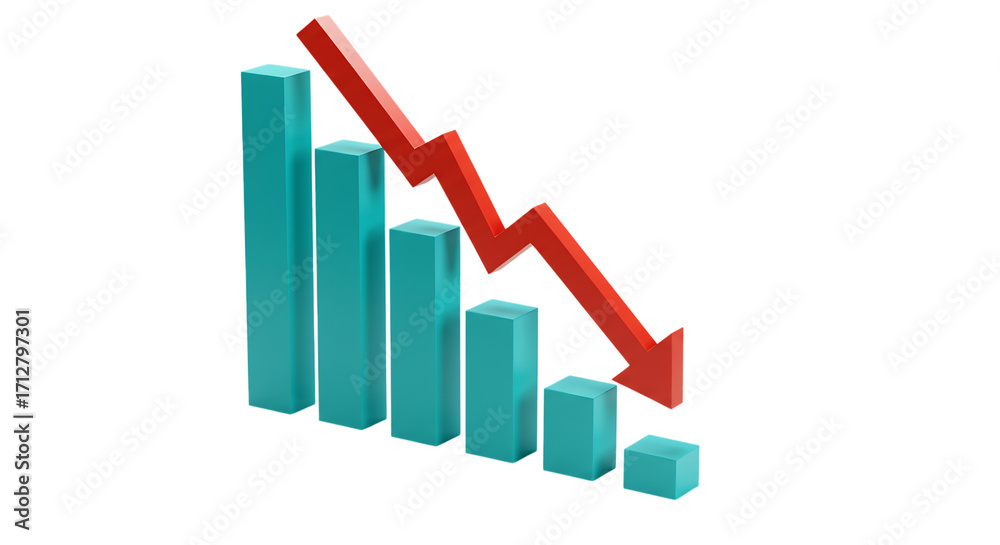 Obraz premium 3d bar chart showing a steep decline with a red downward arrow isolated on white background
