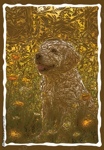 Golden Retriever Puppy in Flower Meadow, Abstract Stylized Digital Art. A unique, textured canine illustration with warm, sunny tones for modern home decor and print.