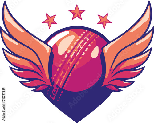Cricket ball with wings and stars emblem on white background Keywords: cricket, ball, sport, wings, stars, emblem, logo, symbol, game, competition, victory, achievement, success, speed, power