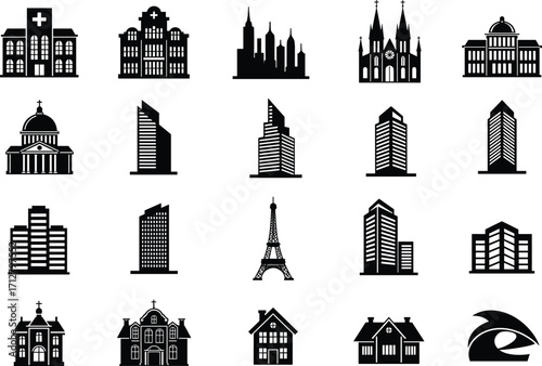 Silhouette building landmark icons, hospital city skyline church Eiffel Tower house architecture structure tourism travel urban design illustration set