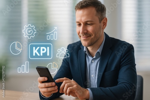 A businessman looks at kpi on his phone