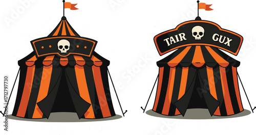 Halloween circus tent illustration with orange and black stripes, spooky skull decoration, creepy carnival fairground design, haunted circus theme for seasonal celebration artwork