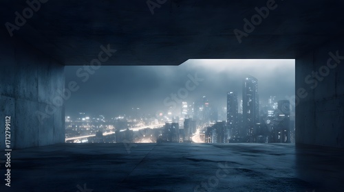Moody Concrete Balcony Overlooking a Foggy Illuminated Metropolis at Night.