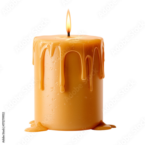 Dripping Caramel Colored Candle with Lit Flame isolated on a transparent background burning