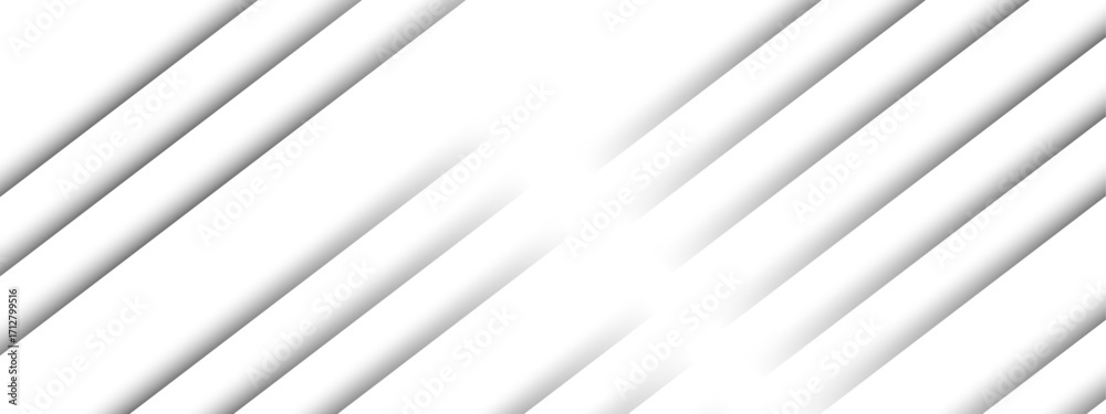 Fototapeta premium Minimalistic abstract background featuring diagonal white stripes with soft gray shadows. Depth, simplicity, and geometric alignment. White light grey background Design.