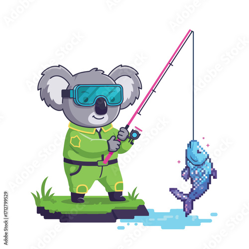 Cute koala character wearing goggles and fishing gear catches a fish.