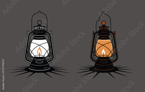 Vintage oil lantern illustration with glowing flame, retro kerosene lamp design for camping, adventure, survival, rustic decoration, and antique style artwork