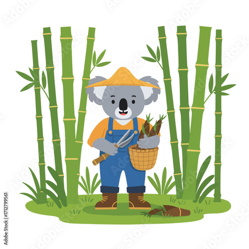Cute Koala Farmer Holding Basket of Bamboo Shoots and Gardening Tools.