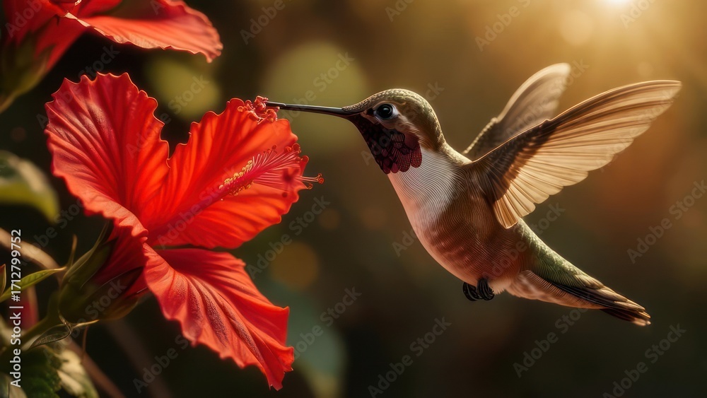 Naklejka premium Hummingbird feeding on a hibiscus flower