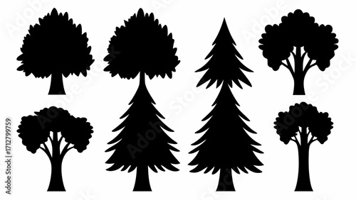 Diverse black tree silhouettes offer versatile design elements for nature projects and graphic overlays