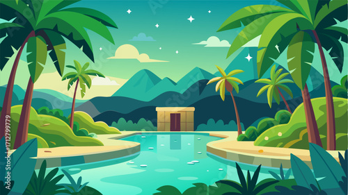 A tranquil sanctuary a sparkling lagoon encircled by lush greenery and towering banana trees.