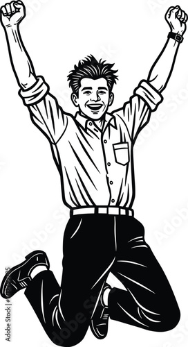 Happy young man jumping high with his hands raised in the air, celebrating success and freedom. Pop art comic style vector illustration on a white background.