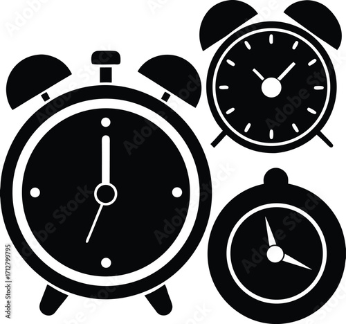 Classic alarm clocks silhouette icons set timekeeping devices vintage retro time symbols collection for schedules and reminders