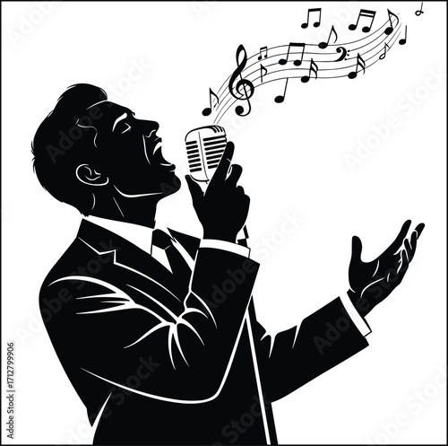 Silhouette illustration of male singer performing passionately with microphone, elegant man in suit singing music notes, artistic vocal performance, musical vector design