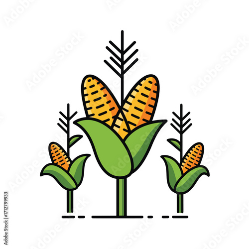 Stylized illustration of ripe corn stalks in a field.