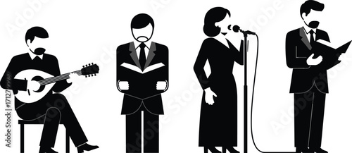 Silhouette illustration of musical group performing with guitar, male and female singers with microphone, choir reading music sheets, elegant artistic concert design