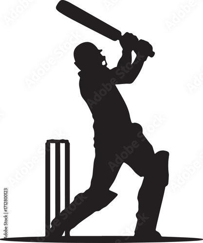 Dynamic Silhouette of a Cricket Player Swinging a Bat Near Wicket on White Background Keywords: cricket, player, batsman, batting, silhouette, sport, game, action, athletic, competition, leisure