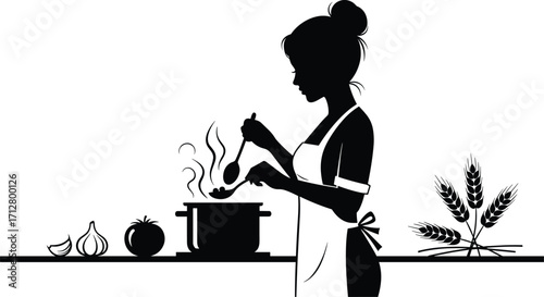 Young woman in an apron cooking delicious food in a kitchen with a steaming pot. Silhouette vector illustration on a white background, ideal for culinary and recipe designs.
