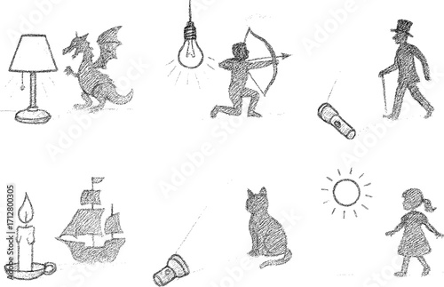 Light Sources Casting Creative Storytelling Shadows Hand Drawn Pencil Sketch Vector Icons Set