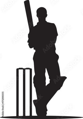 Silhouette of a Cricket Player Batting with Wickets on White Background batsman sport