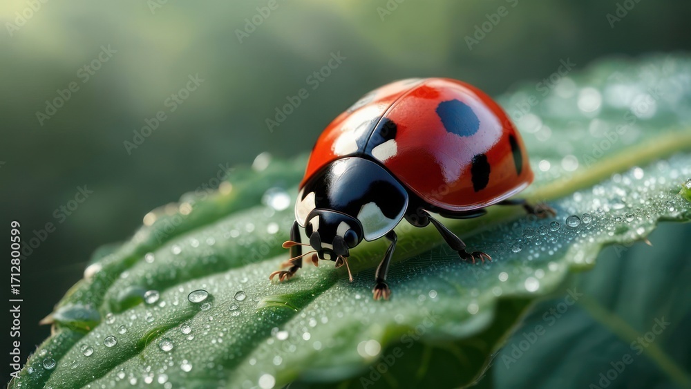 Fototapeta premium Ladybug on dewy leaf