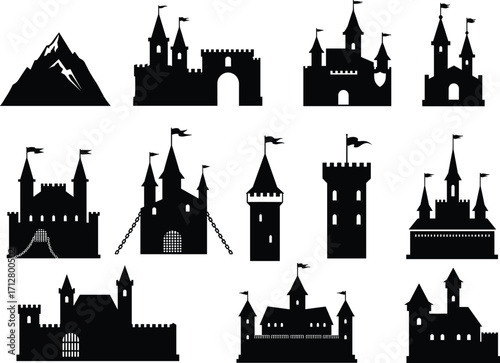 Silhouette castle icons set, medieval fortress towers flags gates fantasy architecture mountain landscape historical building illustration design