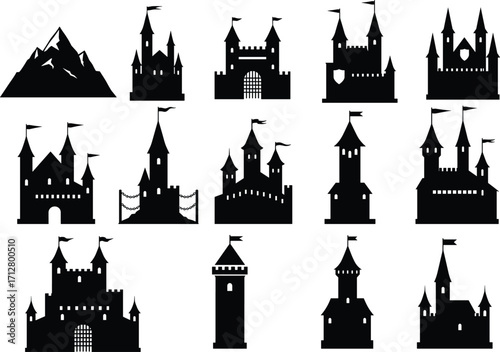 Silhouette castle icons set, medieval fortress towers flags gates fantasy architecture mountain landscape historical building illustration design