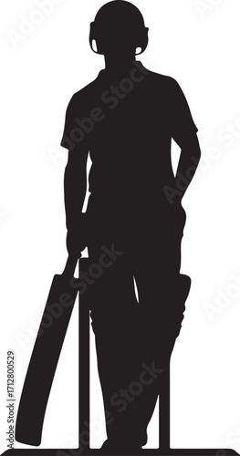 Silhouette of a Cricket Player Standing with Bat and Wicket on a White Background Keywords: cricket, player, batsman, silhouette, sport, game, athletic, competition, leisure, hobby, outdoor