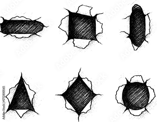 Paper rips opening into dimensions hand drawn vector icons set black pencil sketch on white backgrou
