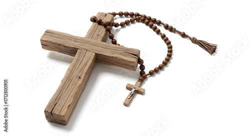 Rustic wooden cross and rosary isolated on white background